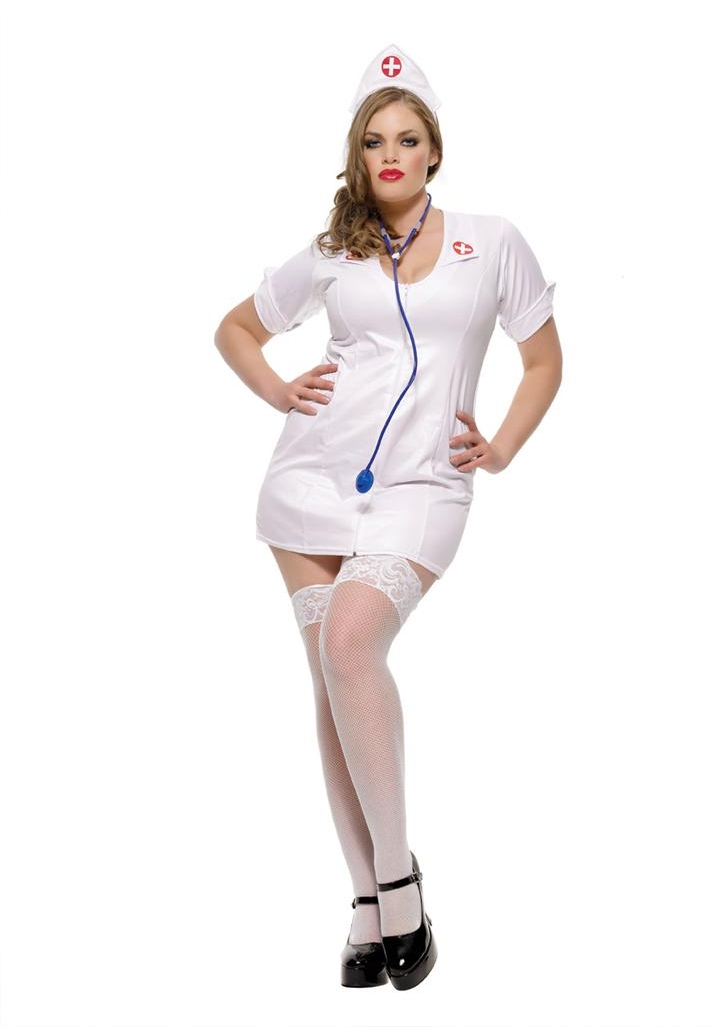 Blonde BBW Nurse wearing White Fishnet Stockings and White Short Dress